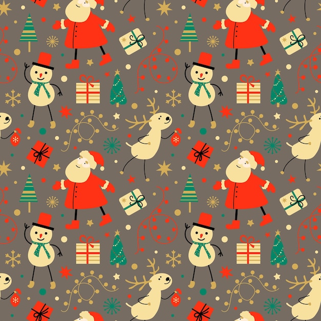 Cute Christmas vector pattern. Santa Claus, snowman, deer, gifts