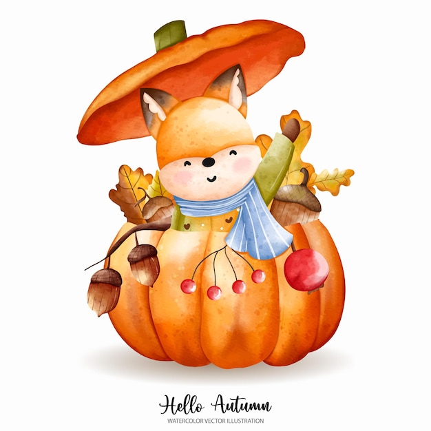 Cute Christmas Watercolor Fox Autumn or Fall Animal Watercolor illustrationxDxA