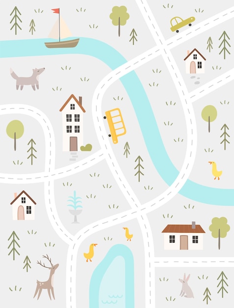 Cute city poster with road map. Houses, cars, animals, nature. Urban landscape