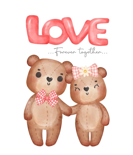 Cute classic couple brown teddy bears boy and girl hold hand sit on wooden swing forever together