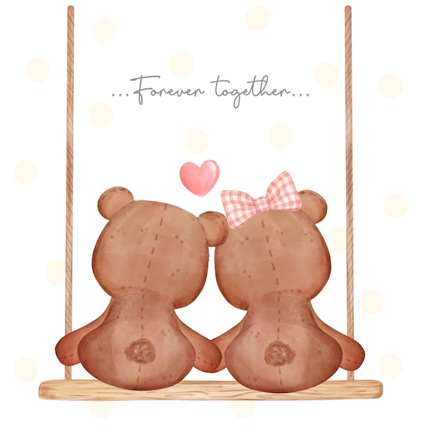 Cute classic couple brown teddy bears boy and girl hold hand sit on wooden swing forever together