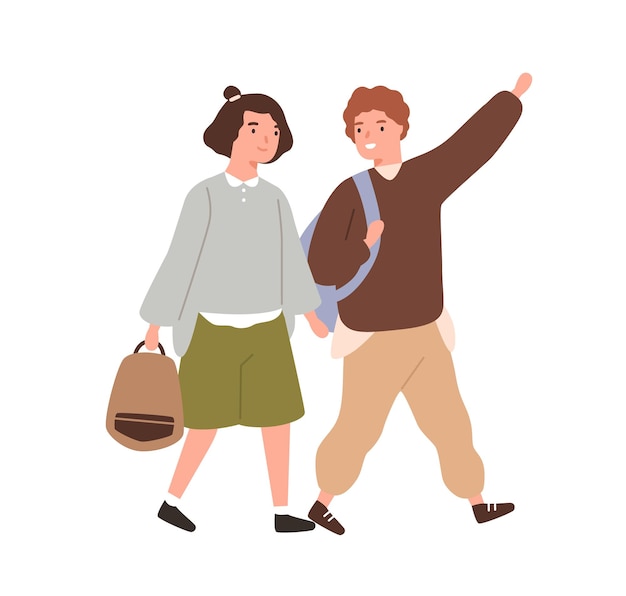 Cute classmates hurry to primary school together vector flat illustration. Smiling pupils or students carry backpack or schoolbag going to lesson isolated. Boy and girl friends walking and talking.