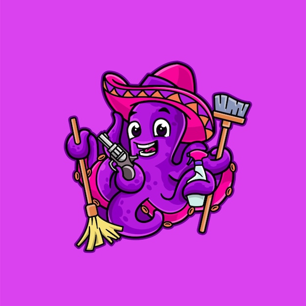 Cute Cleaning Octopus Cartoon Mascot