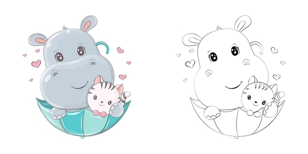 Cute Clipart Hippo Illustration and For Coloring Page.  Cartoon Hippo in an Umbrella with a Kitten.