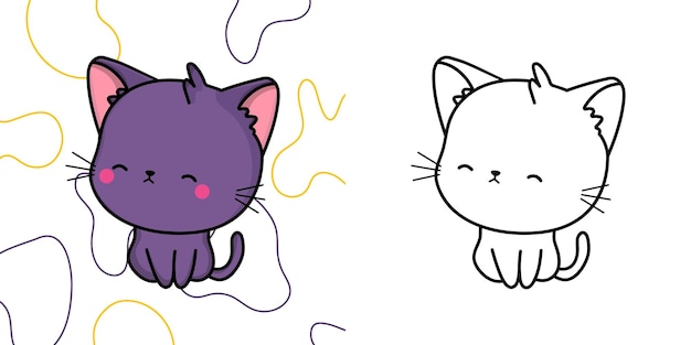 Cute Clipart Violet Cat Illustration and For Coloring Page. Cartoon Clip Art Cat.