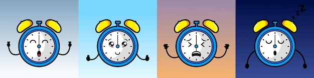 Vector cute clock character with different expression illustration