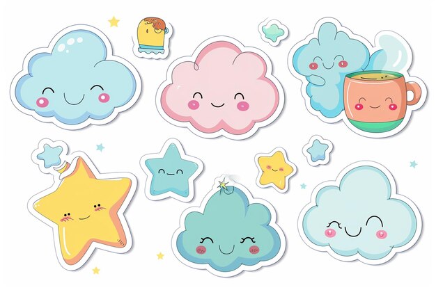 Vector cute cloud character sticker sheet