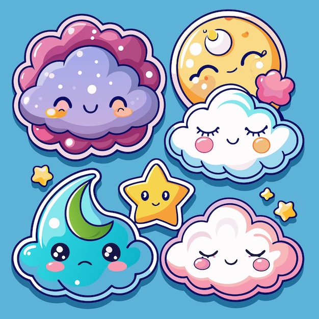 Vector cute cloud moon stickers adorable sky characters