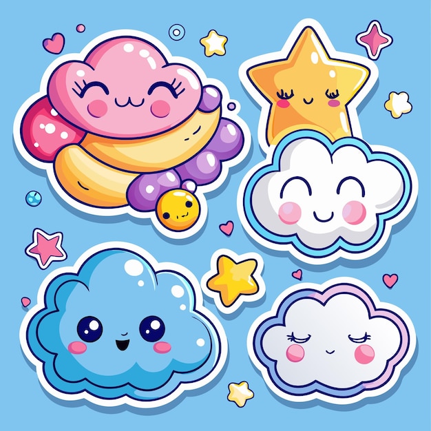 Vector cute cloud stickers with smiling faces and stars