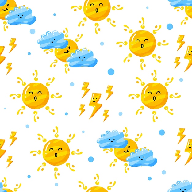 Cute cloud, thunder, and sun seamless pattern design with flat hand drawn style