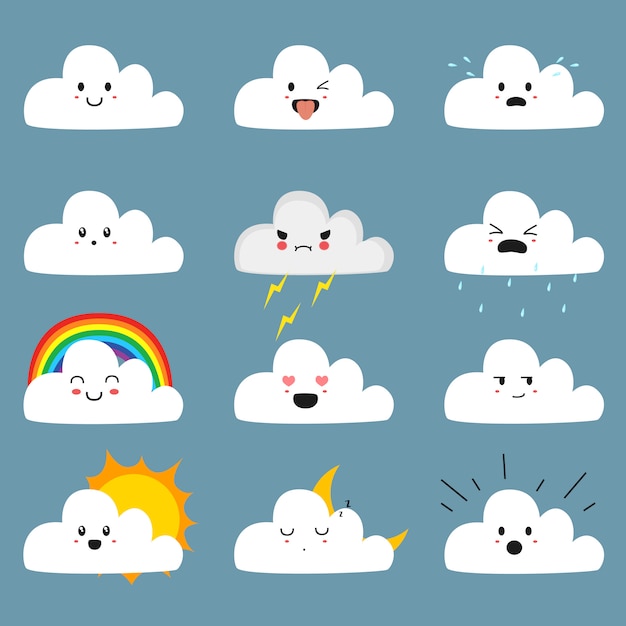 cute clouds emoji set with cute faces