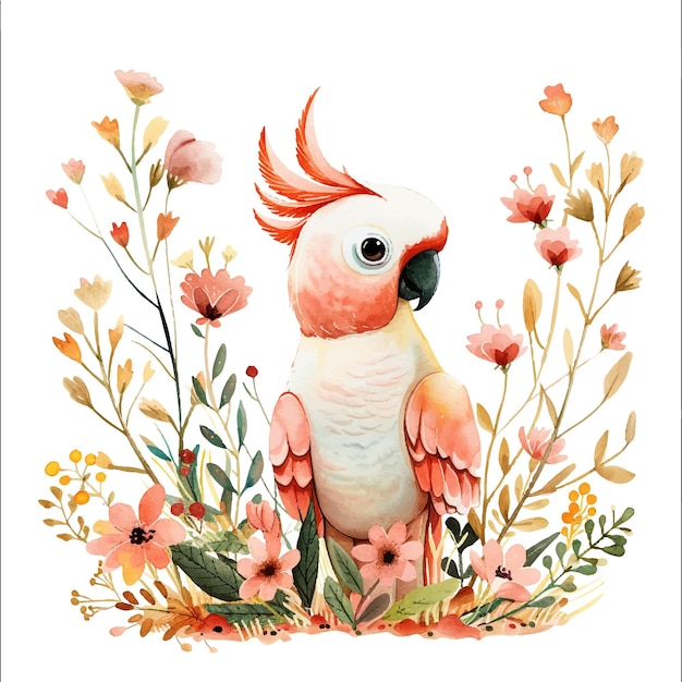 cute cockatoo and flowers vector illustration in watercolour style