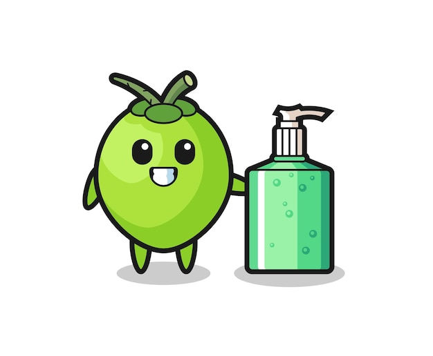 Cute coconut cartoon with hand sanitizer