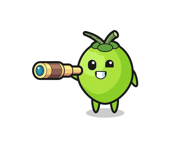 Cute coconut character is holding an old telescope