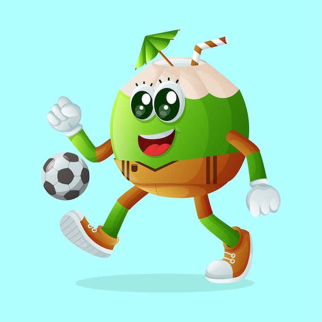 Cute coconut character playing soccer