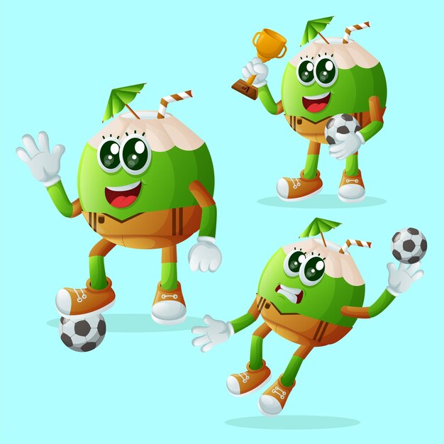 Cute coconut characters playing soccer