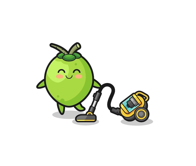 cute coconut holding vacuum cleaner illustration
