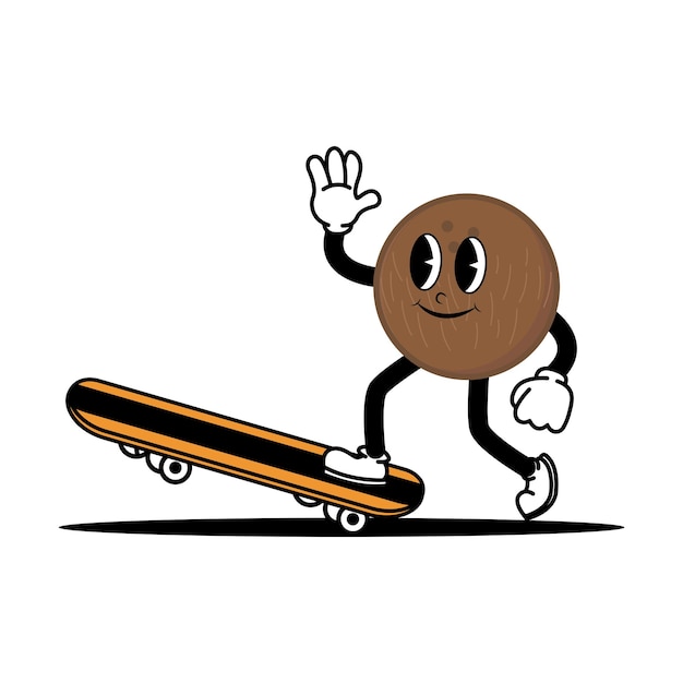 Cute coconut mascot character playing skateboard Doodle vintage style illustration concept