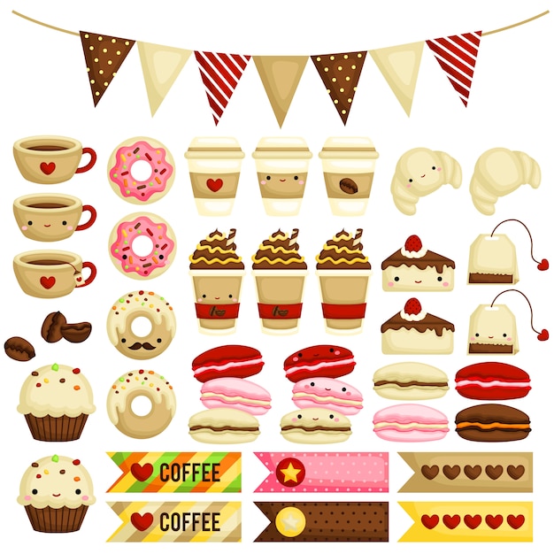 Cute Coffee Cafe Icon Vector Set