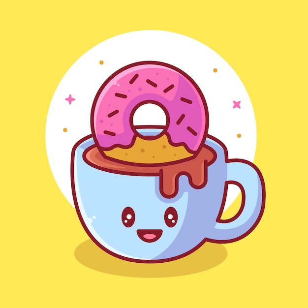 Cute Coffee and Donut Cat Logo Vector Icon Illustration Premium Coffee Cartoon Logo in Flat Style