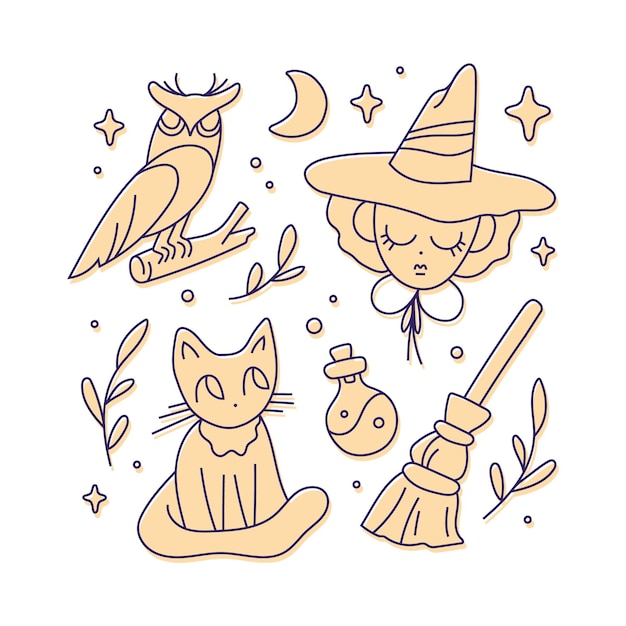 Vector cute collection of drawn witch elements