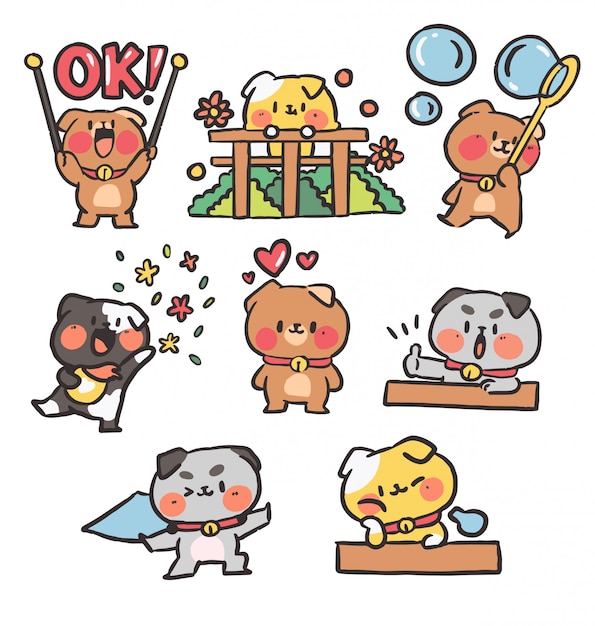 Cute Collection of Puppies Doodle  Illustration.