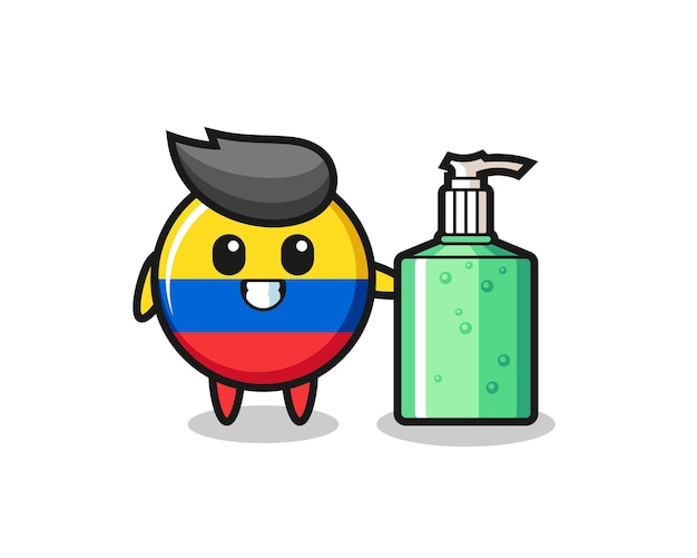 Cute colombia flag badge cartoon with hand sanitizer