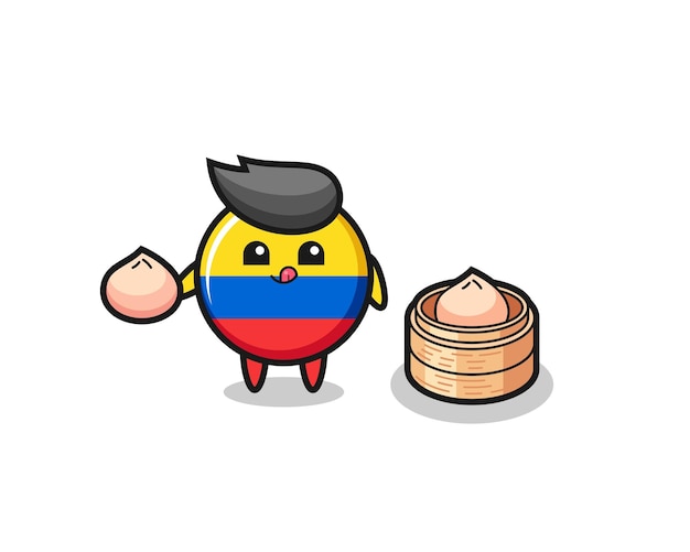 Cute colombia flag badge character eating steamed buns