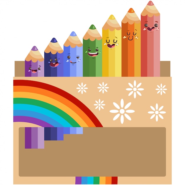 Cute color pencil characters in box with different emotions vector cartoon illustration isolated