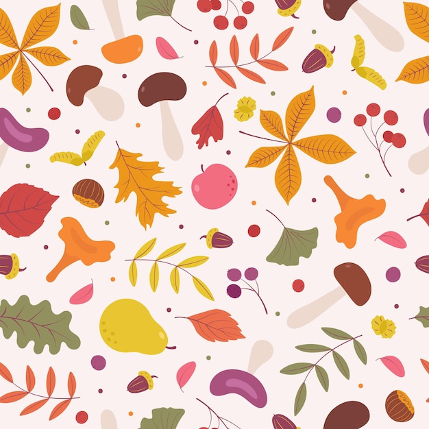 Cute colorful autumn natural seamless pattern with leaves mushrooms acorns chestnuts and berries