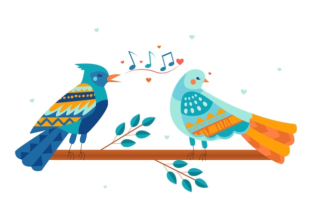 Vector cute colorful bird is singing a love song to another bird on the branch concept of valentine s day