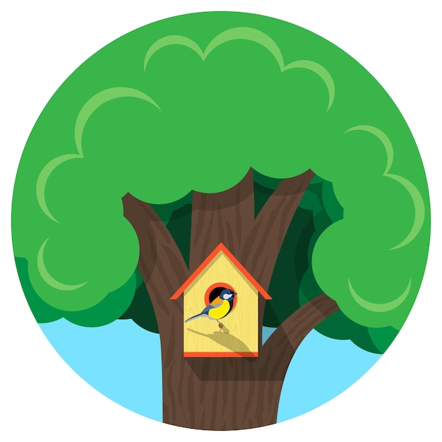 Cute colorful bird sits on a wooden birdhouse attached to the tree Vector illustration