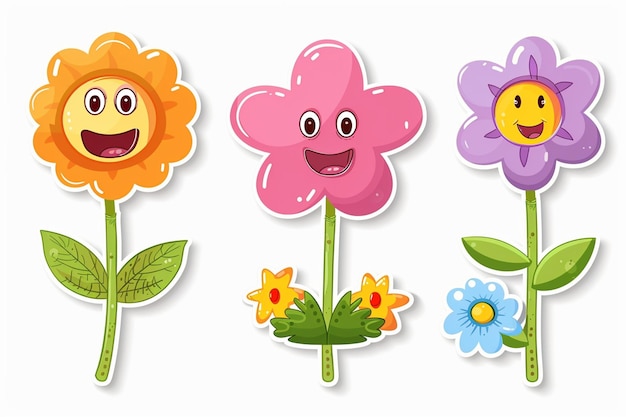 Vector cute colorful cartoon flowers with smiley