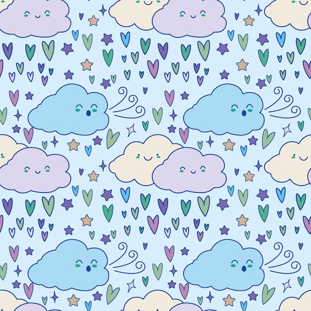 Cute colorful cloud smiling face kawaii seamless pattern background with stars and hears vector illustration EPS