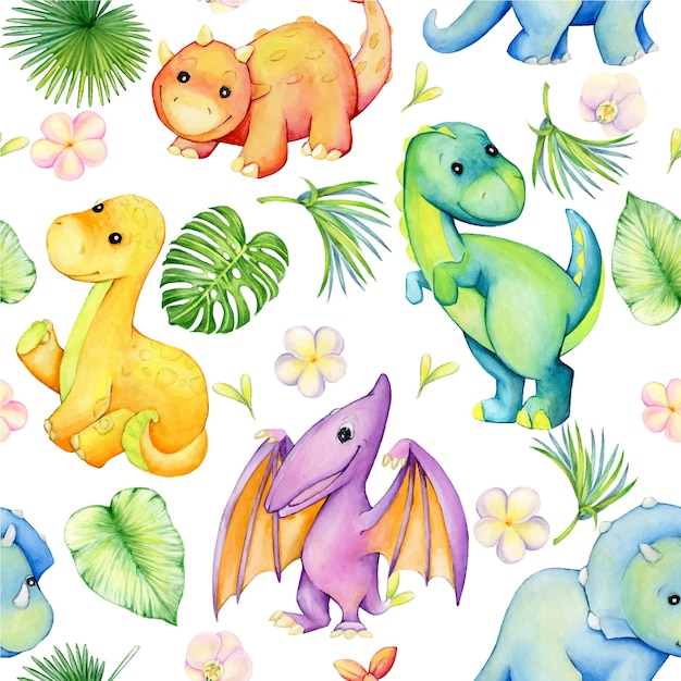 Cute colorful dinosaurs in cartoon style Watercolor seamless pattern