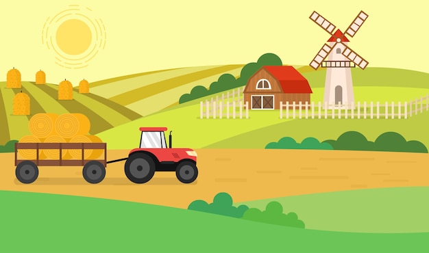 Cute Colorful Farm Background with Tractor Vector