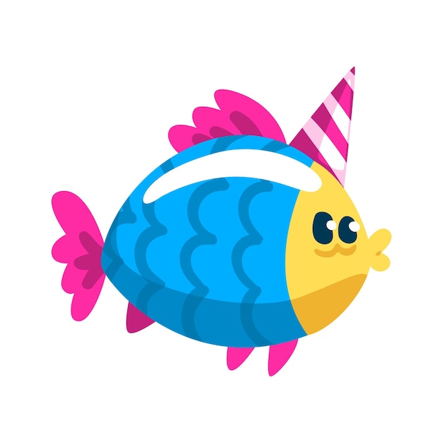 Cute colorful fish wearig party hat little sea creature character marine theme design element can be used for kids party invitation greeting card vector Illustration isolated on a white background