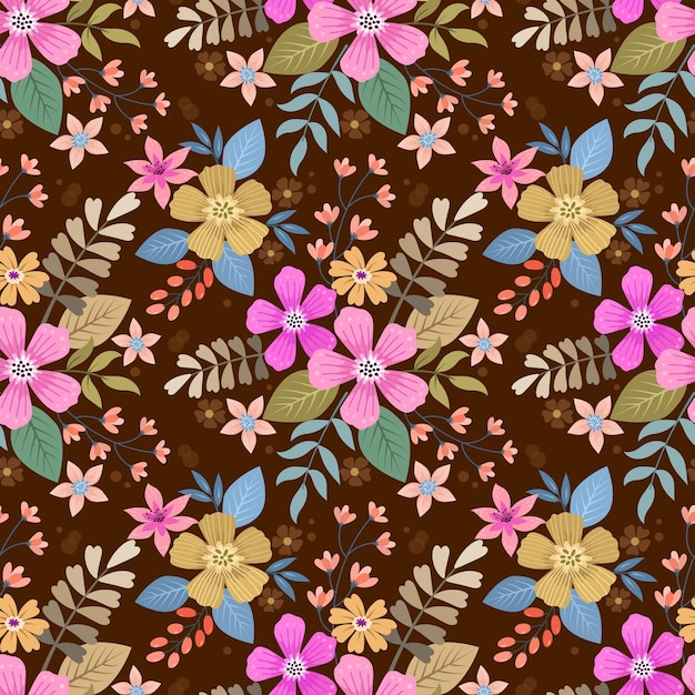 Cute colorful flowers on brown color background seamless pattern