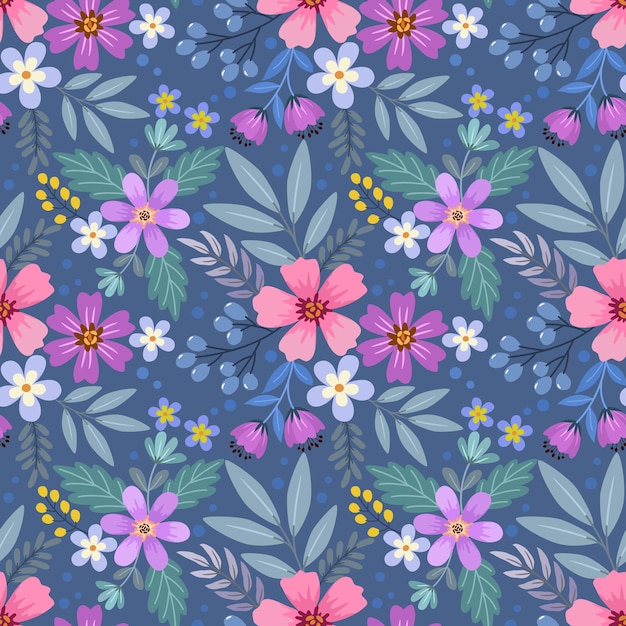 Cute colorful flowers and leaf on dark blue color background seamless pattern.