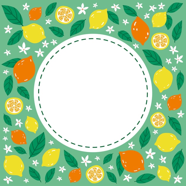 Cute colorful frame with lemons and flowers on green background