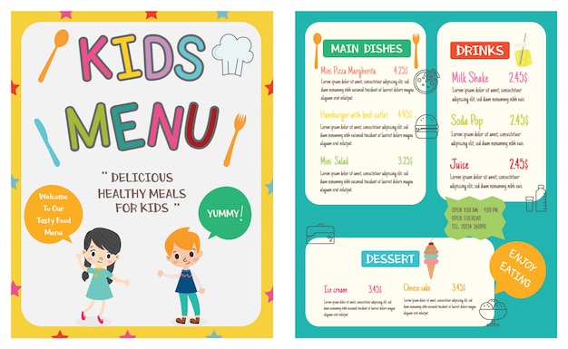 Cute colorful kids meal menu vector template