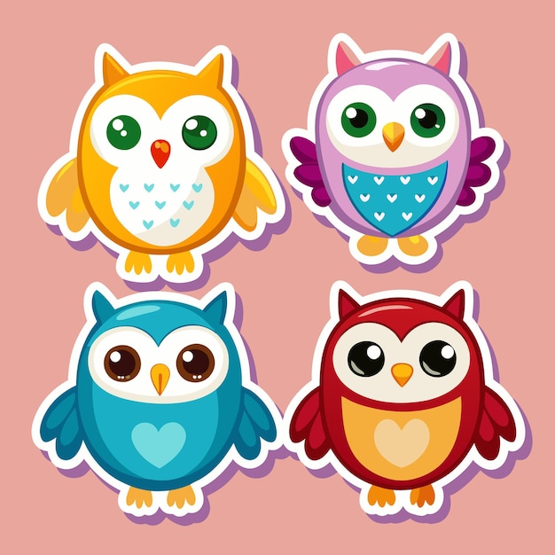 Cute Colorful Owls Stickers with Hearts