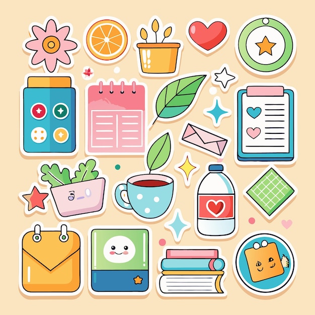 Vector cute colorful stickers with different subjects for a planner notebook or scrapbook