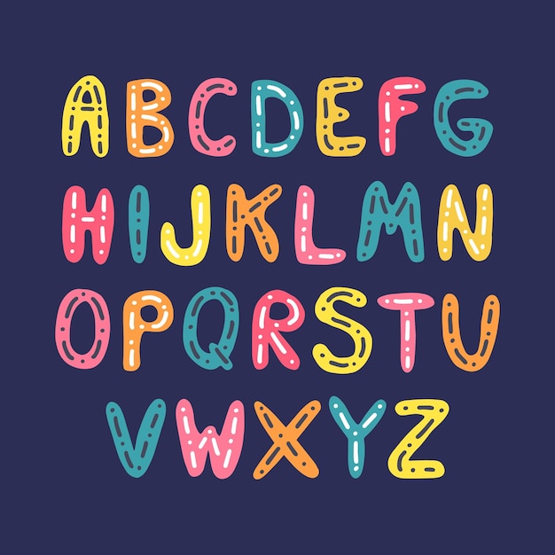 Cute colorful vector English alphabet for kids in hand drawn style