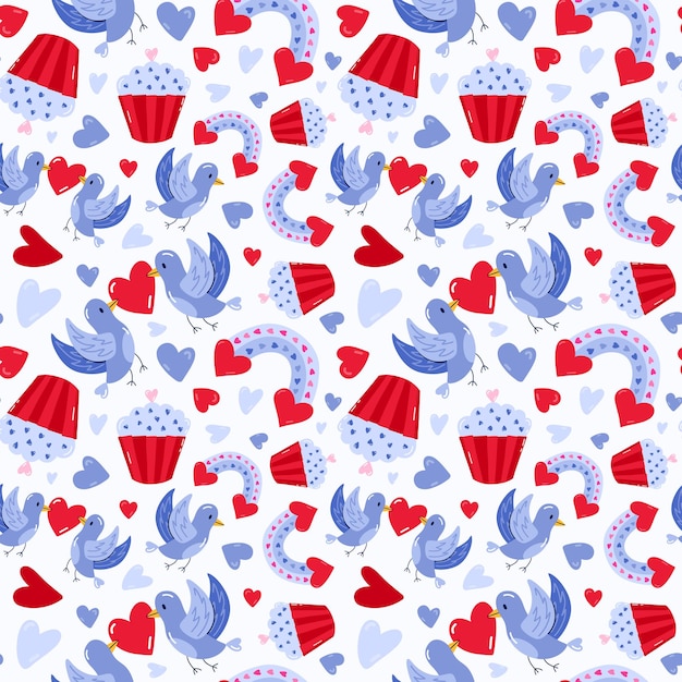 Cute and colorful vector seamless hand drawn pattern with rainbow loved birds with heart cupcake Valentine39s day illustrations For wrapping paper bedclothes notebook packages gift paper