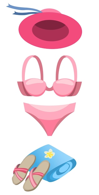 Cute and colorful vector set with swimwear hat sunglasses flipflops on white background