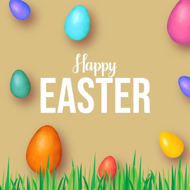 Cute Colourful Happy Easter Sale Poster Banner Beige Blue Background with Eggs Free Vector