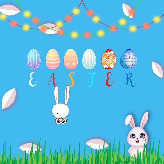 Cute Colourful Happy Easter Sale Poster Banner Blue Green Background with Eggs Free Vector