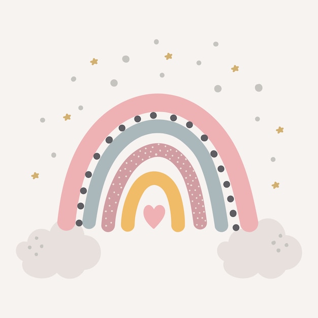 Cute colourful rainbow with drops and heart isolated.