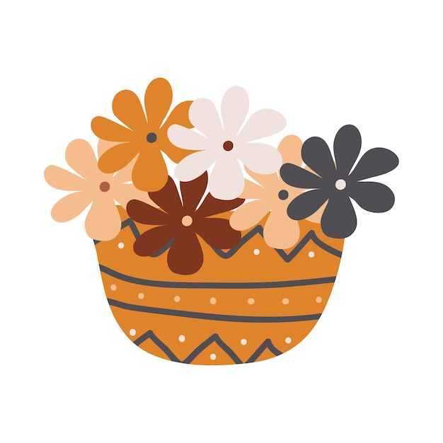 A cute concept in cartoon style Vector flowers in a bohostyle pot in a pastel palette